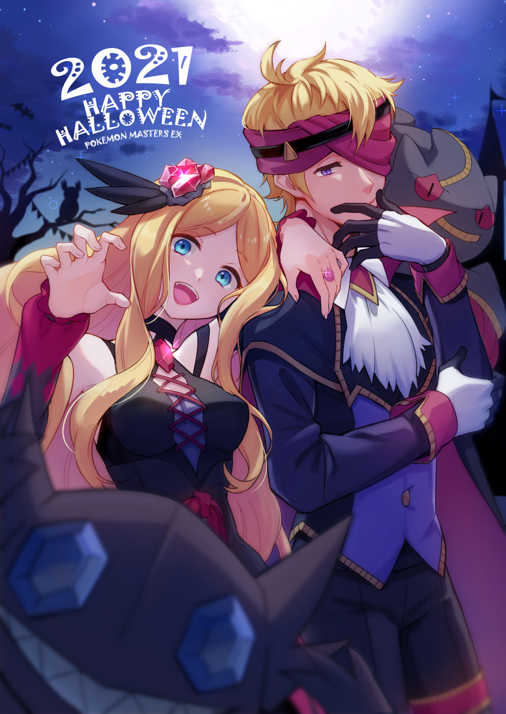 1boy 1girl 2021 banette bare_shoulders blonde_hair blue_eyes caitlin_(pokemon) chen_(artist) closed_mouth clouds commentary_request copyright_name detached_sleeves gloves hair_ornament hand_up happy_halloween highres long_hair long_sleeves mega_banette mega_pokemon morty_(pokemon) night noctowl official_alternate_costume outdoors pokemon pokemon_(game) pokemon_masters_ex sableye short_hair sidelocks sky violet_eyes zubat
