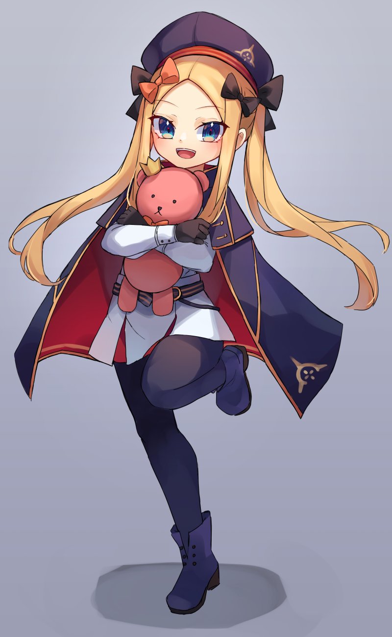 1girl abigail_williams_(fate) artoria_pendragon_(caster)_(fate) artoria_pendragon_(caster)_(fate)_(cosplay) artoria_pendragon_(fate) bangs belt beret black_gloves black_legwear blonde_hair blue_cape blue_eyes blue_footwear blue_headwear blush boots breasts buttons cape cosplay double-breasted dress fate/grand_order fate_(series) forehead full_body gloves hat highres hood hooded_cape long_hair long_sleeves looking_at_viewer miya_(miyaruta) multicolored_cape multicolored_clothes open_mouth pantyhose parted_bangs red_cape small_breasts smile stuffed_animal stuffed_toy teddy_bear white_dress