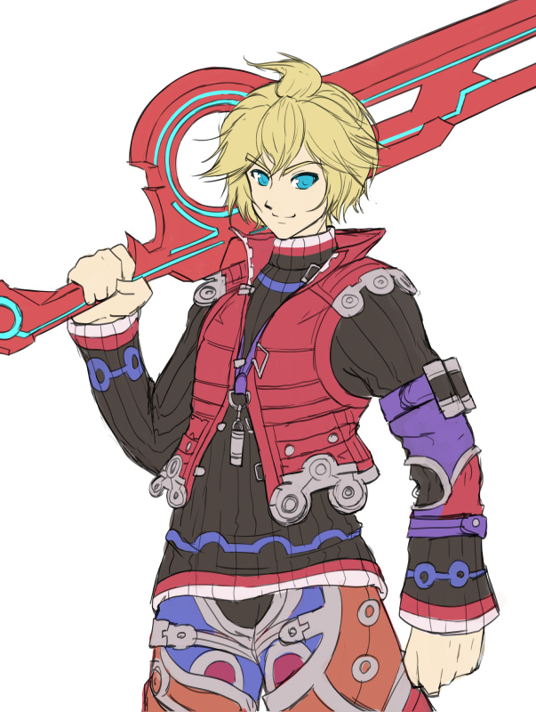 1boy bangs black_shirt blonde_hair blue_eyes closed_mouth holding holding_sword holding_weapon long_sleeves looking_at_viewer mazume red_vest shirt short_hair shulk_(xenoblade) simple_background sketch smile solo sword v-shaped_eyebrows vest weapon white_background xenoblade_chronicles xenoblade_chronicles_(series)