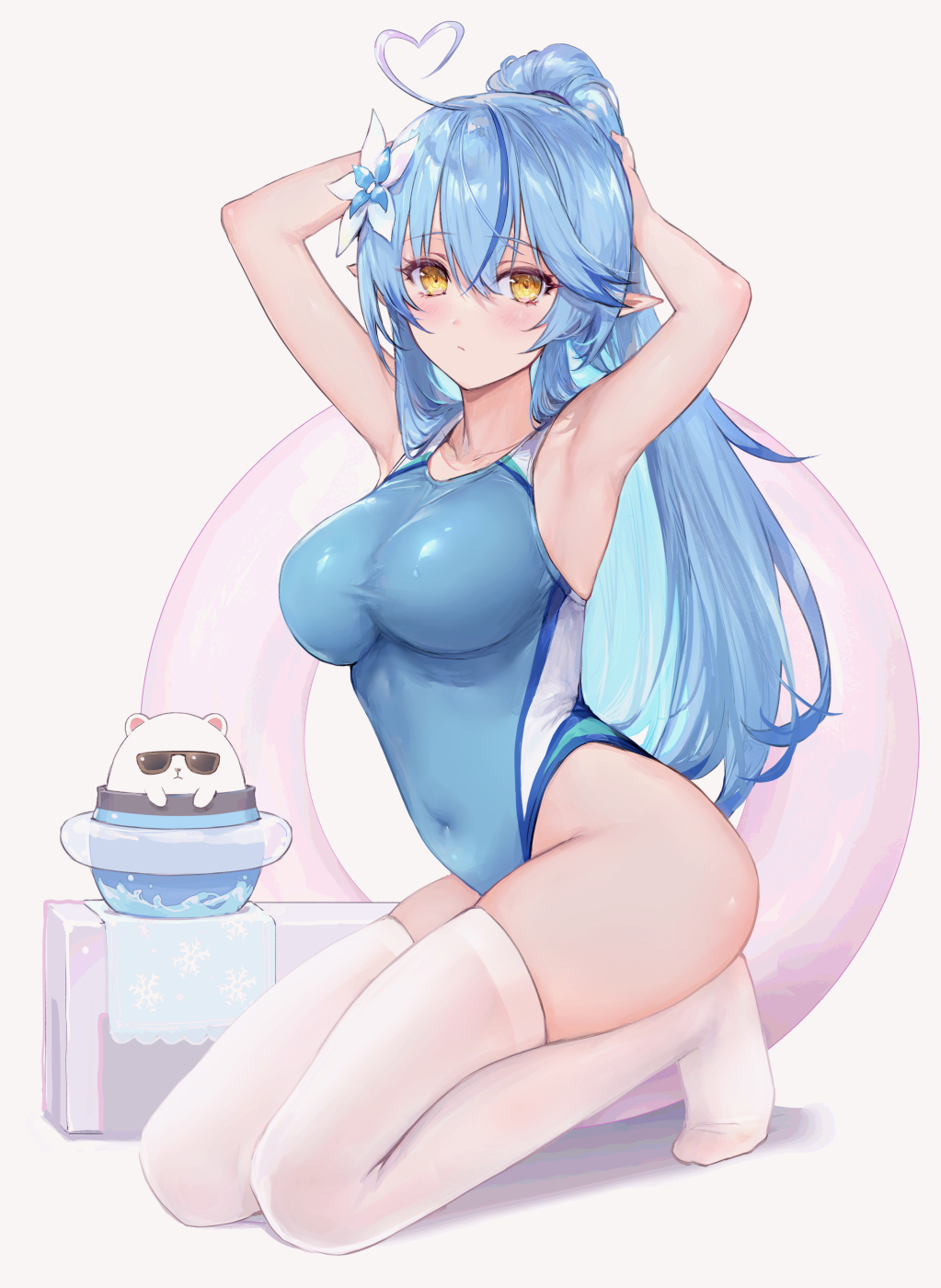 1girl ahoge armpits arms_up bangs blue_hair blue_swimsuit blush breasts covered_navel daifuku_(yukihana_lamy) elf flower hair_flower hair_ornament haoni heart_ahoge high_ponytail highres hololive kneeling large_breasts long_hair looking_at_viewer one-piece_swimsuit pointy_ears solo sunglasses swimsuit thigh-highs virtual_youtuber white_legwear yellow_eyes yukihana_lamy