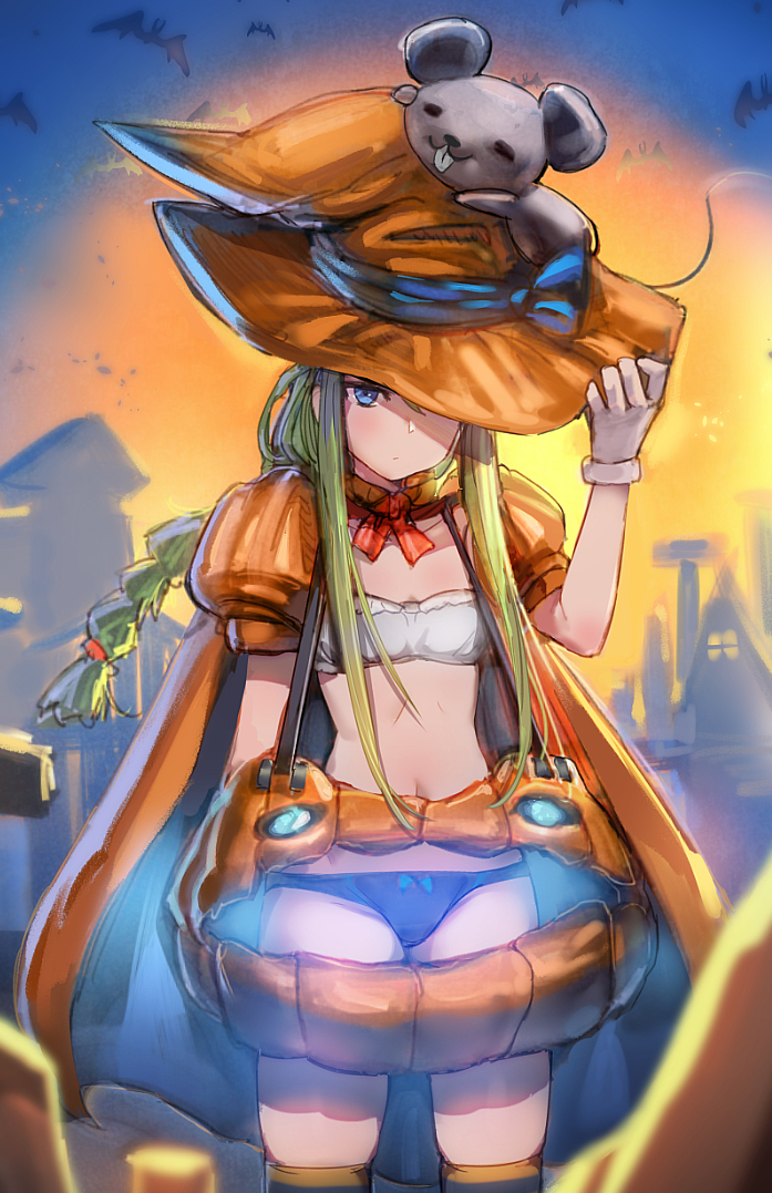 1girl bandeau bat blue_panties bow_(bhp) bra cape closed_mouth gloves green_hair halloween_costume hand_on_headwear hand_up hat hat_over_one_eye long_hair looking_at_viewer mouse_on_head neck_ribbon one_eye_covered orange_cape orange_headwear original panties puffy_short_sleeves puffy_sleeves red_ribbon ribbon short_sleeves solo standing strapless tube_top underwear white_bra white_gloves witch_hat