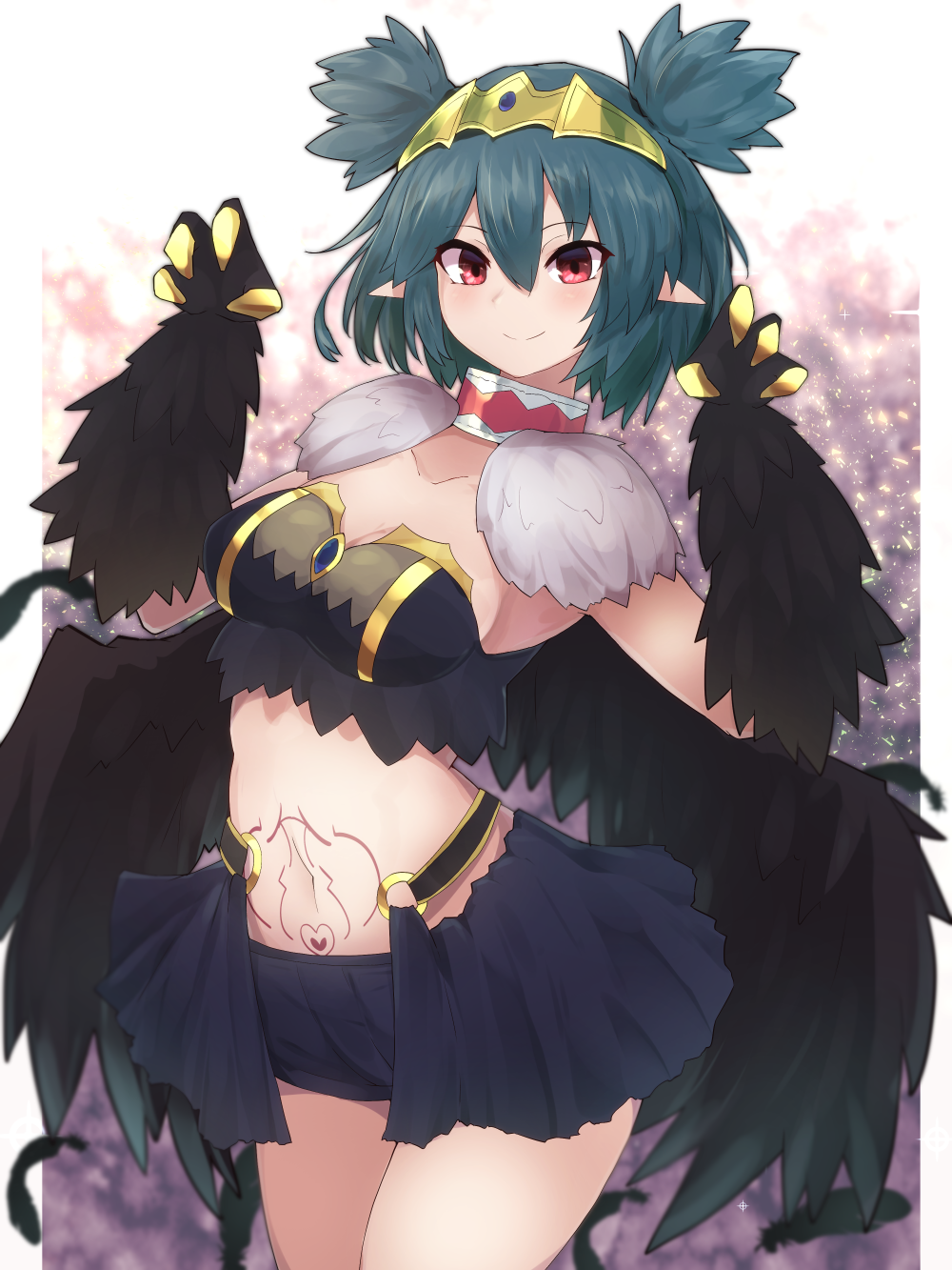 1girl bangs black_feathers black_wings blush breasts claw_pose claws collar commentary commission english_commentary eyebrows_visible_through_hair green_hair harpy highres indie_virtual_youtuber lincoro monster_girl pointy_ears red_eyes short_hair short_twintails shorts small_breasts smile solo stomach_tattoo tattoo tiara twintails virtual_youtuber winged_arms wings yonaga