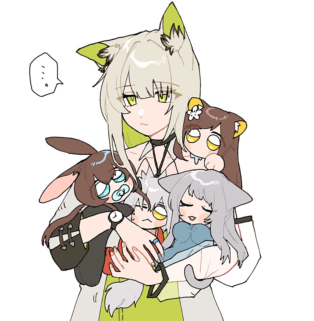 5girls amiya_(arknights) animal_ears arknights baby_carry bangs blue_eyes brown_hair carrying cat_ears cat_girl cat_tail closed_eyes closed_mouth eyebrows_visible_through_hair flower folinic_(arknights) green_eyes hair_flower hair_ornament jewelry kal'tsit_(arknights) kawaii_inu5 long_hair low_ponytail multiple_girls pacifier projekt_red_(arknights) rabbit_ears rabbit_girl ring rosmontis_(arknights) short_hair silver_hair tail watch watch wolf_ears wolf_girl wolf_tail yellow_eyes younger