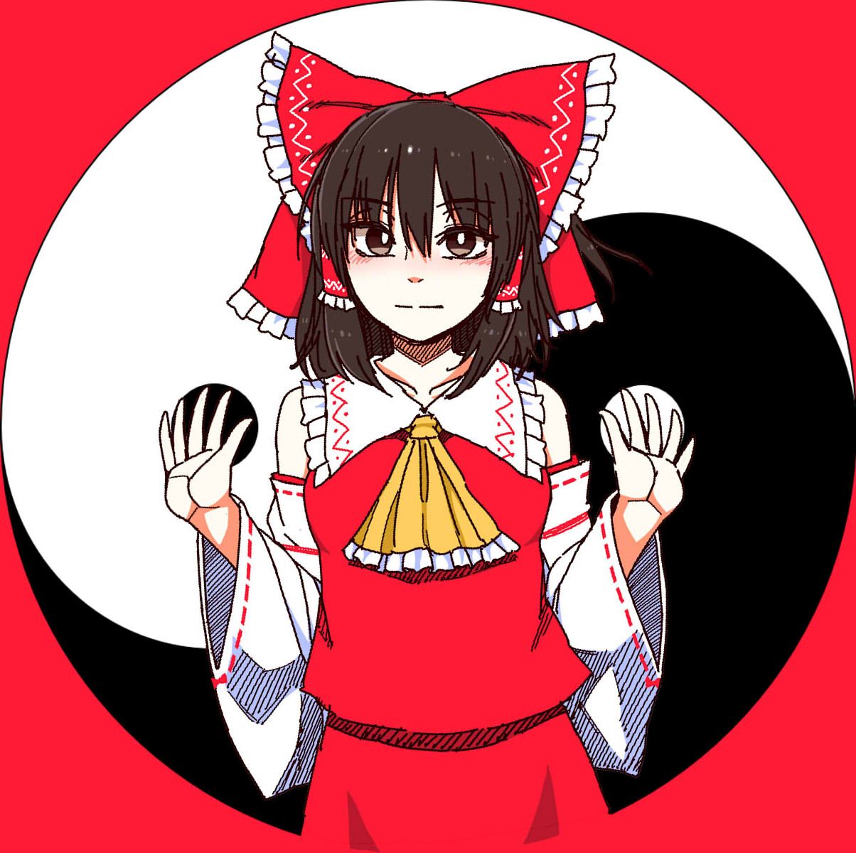 1girl blush bow bright_pupils brown_eyes brown_hair closed_mouth detached_sleeves frilled_bow frills hair_bow hair_tubes hakurei_reimu hands_up highres long_sleeves looking_at_viewer medium_hair red_bow red_shirt red_skirt shirt skirt sleeveless sleeveless_shirt solo touhou white_pupils wide_sleeves yassy
