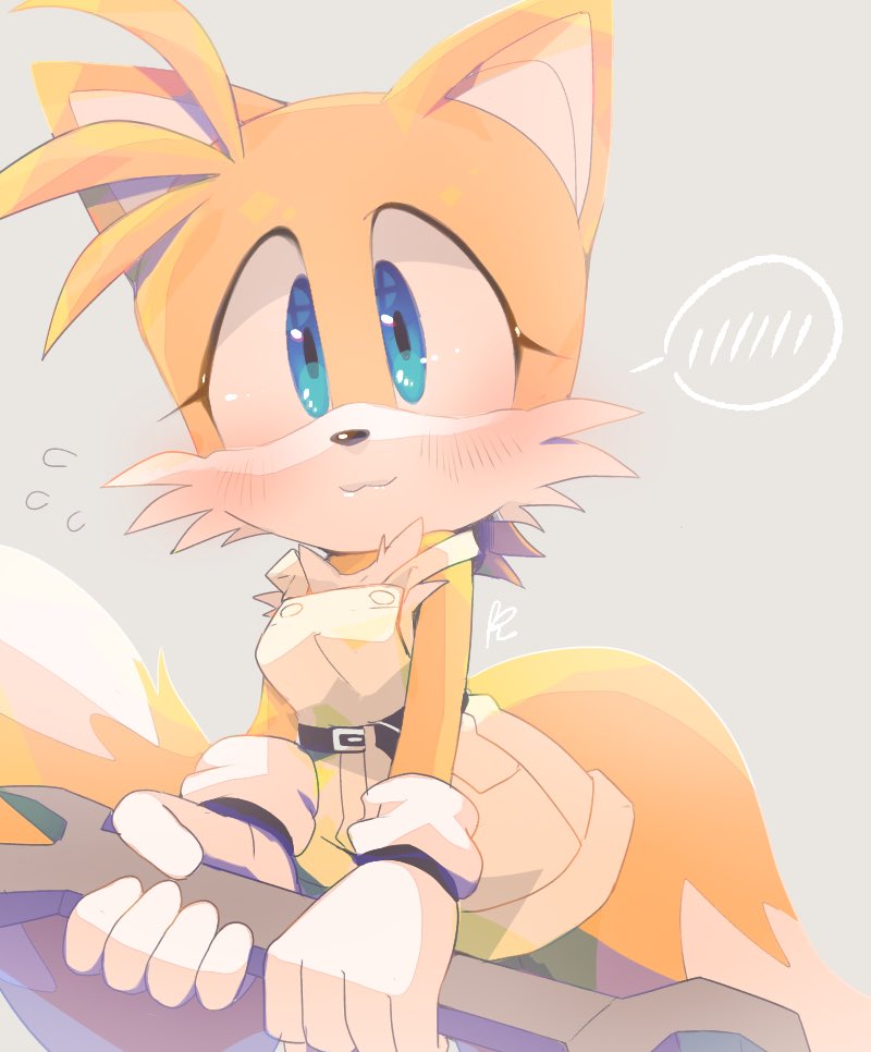 1girl belt belt_buckle blue_eyes blush breasts buckle dress flying_sweatdrops fox_girl furry furry_female genderswap genderswap_(mtf) gloves holding holding_wrench looking_at_viewer misuta710 mixed-language_commentary multiple_tails solo sonic_(series) spoken_blush tail tails_(sonic) two_tails white_gloves wrench