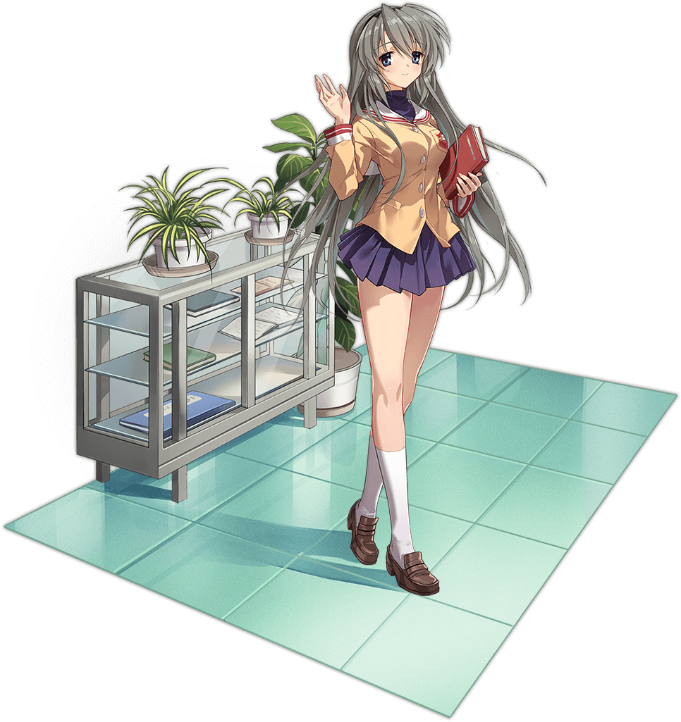 1girl ark_order artist_request bangs black_hairband blue_eyes blue_skirt blue_sweater book breasts brown_footwear buttons clannad closed_mouth full_body grey_hair hairband hand_up holding holding_book jacket loafers long_hair long_sleeves looking_at_viewer official_art plant pleated_skirt potted_plant sakagami_tomoyo shelf shoes sidelocks skirt sleeve_cuffs smile socks solo sweater tachi-e tile_floor tiles transparent_background turtleneck turtleneck_sweater waving white_legwear yellow_jacket