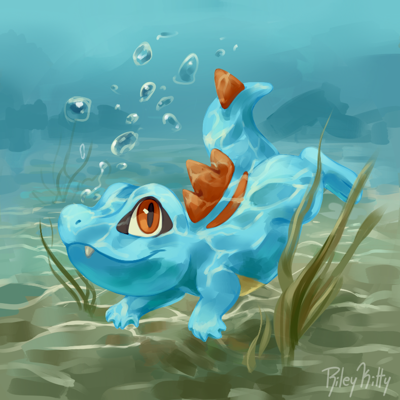 air_bubble bubble closed_mouth commentary english_commentary fang fang_out looking_up no_humans orange_eyes pokemon pokemon_(creature) rileykitty seaweed signature smile solo totodile underwater water