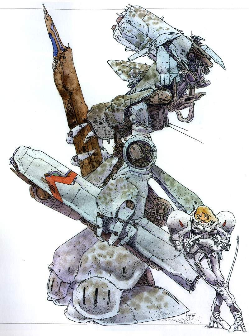 1980s_(style) 1girl armor blonde_hair crossed_arms cyberpunk dirty dragon's_heaven energy_cannon ikuuru kobayashi_makoto_(illustrator) leaning_on_object long_hair looking_at_viewer machinery mecha moebius_(style) official_art power_armor power_suit production_art retro_artstyle robot scan science_fiction shaian_(robot) signature simple_background