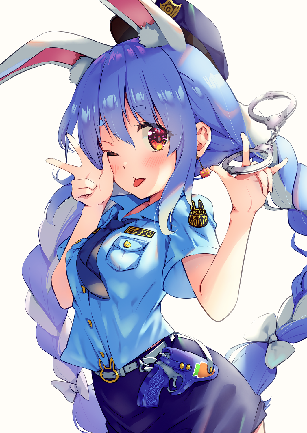 1girl :p animal_ear_fluff animal_ears blue_hair blue_headwear blue_necktie blue_shirt blue_skirt blush braid breast_pocket breasts collared_shirt cowboy_shot cuffs eyebrows_visible_through_hair gun halloween handcuffs handgun hat highres hikimayu hololive long_hair medium_breasts miniskirt multicolored_hair necktie pencil_skirt pocket police police_hat police_uniform policewoman rabbit_ears rabbit_girl shirt short_sleeves skirt smile tarunyan thick_eyebrows tongue tongue_out twin_braids twintails two-tone_hair uniform usada_pekora v virtual_youtuber weapon white_hair