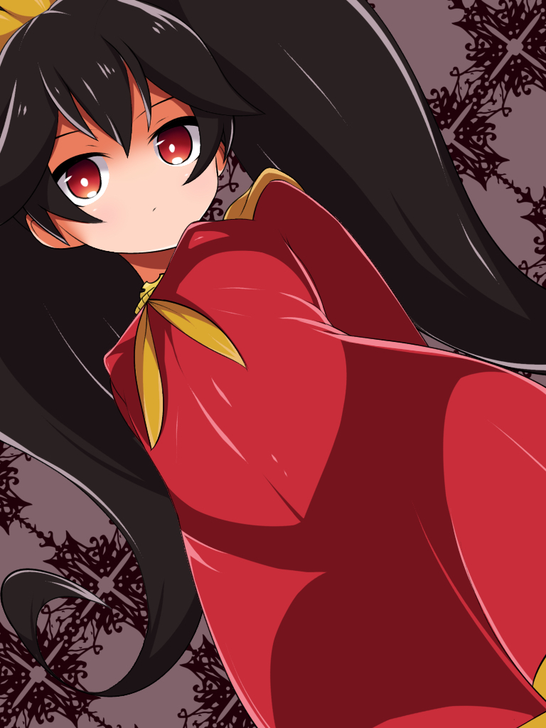 1girl arms_behind_back ashley_(warioware) bangs black_hair breasts bright_pupils closed_mouth commentary_request dot_mouth dress dutch_angle expressionless from_below hairband long_hair looking_at_viewer neckerchief norio_(pheromosa_times) partial_commentary red_dress red_eyes shiny shiny_clothes shiny_hair sidelocks small_breasts solo tied_hair twintails warioware white_pupils yellow_hairband yellow_neckerchief
