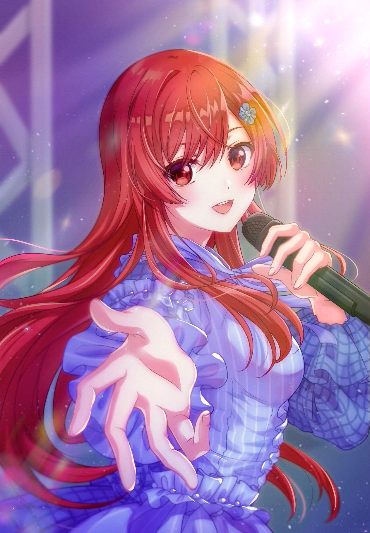 1girl 22/7 :d ayakura_azuma dress hair_ornament highres long_hair looking_at_viewer microphone open_mouth red_eyes redhead satou_reika smile upper_body