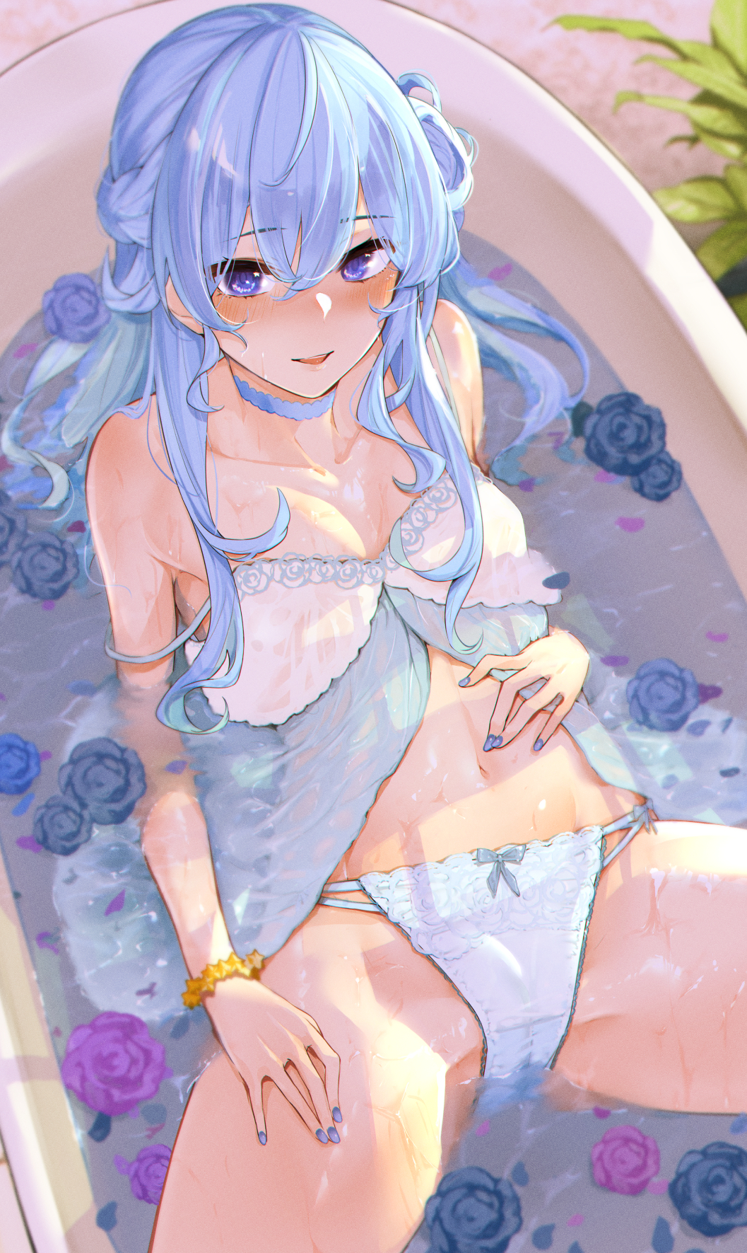 1girl bangs bathtub blue_choker blue_flower blue_hair blue_nails blue_panties blue_rose blush bow bow_panties bra breasts choker commentary_request cowboy_shot eyebrows_visible_through_hair eyes_visible_through_hair flower hair_between_eyes hand_on_own_stomach hand_on_own_thigh hcz_n highres hololive hoshimachi_suisei large_breasts long_hair looking_at_viewer nail_polish panties parted_lips petals petals_on_liquid purple_flower purple_rose rose solo spread_legs star_(symbol) star_in_eye symbol_in_eye underwear violet_eyes virtual_youtuber water wet white_bra