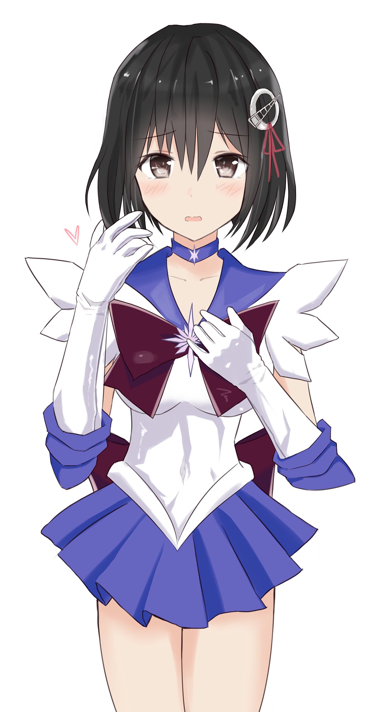 1girl absurdres bishoujo_senshi_sailor_moon black_hair blush breasts brown_eyes choker cosplay cowboy_shot eyebrows_visible_through_hair haguro_(kancolle) hair_ornament highres kantai_collection looking_at_viewer medium_breasts medium_hair open_mouth outer_senshi purple_sailor_collar purple_skirt sailor_collar sailor_saturn sailor_saturn_(cosplay) sailor_senshi shironeko_(whitecat_999) short_hair skirt solo super_sailor_saturn