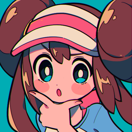 1girl :o aqua_background blue_eyes blue_shirt blush_stickers bow bright_pupils brown_hair chin_stroking chueog commentary double_bun hand_up looking_at_viewer lowres pink_bow pokemon pokemon_(game) pokemon_bw2 raglan_sleeves rosa_(pokemon) shirt simple_background solo twintails upper_body visor_cap white_pupils