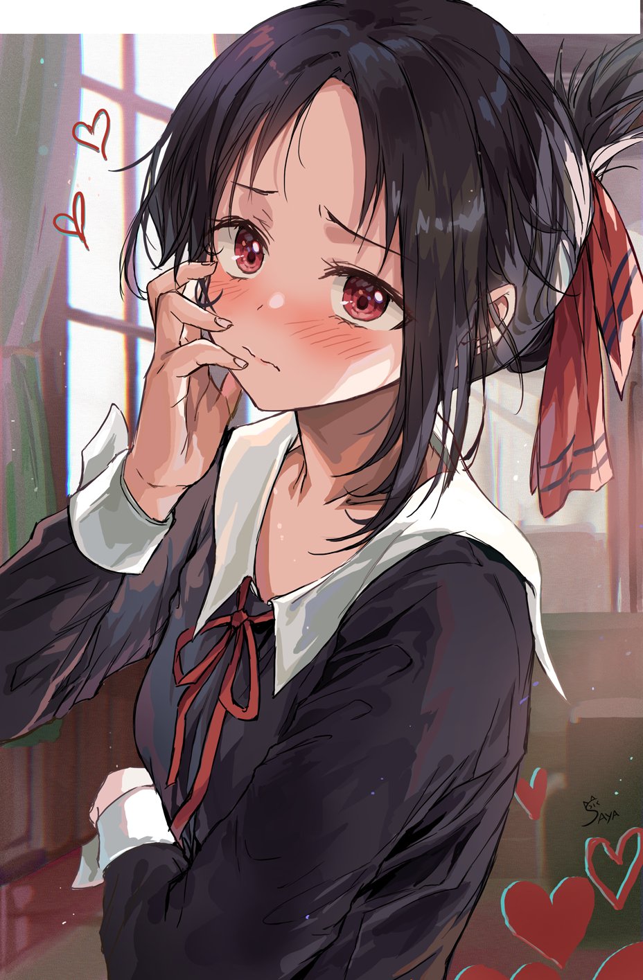 1girl bangs black_hair black_shirt blush closed_mouth hair_ornament heart highres indoors kaguya-sama_wa_kokurasetai_~tensai-tachi_no_renai_zunousen~ long_sleeves looking_at_viewer parted_bangs red_eyes saya_(mychristian2) school_uniform shinomiya_kaguya shirt solo tied_hair upper_body