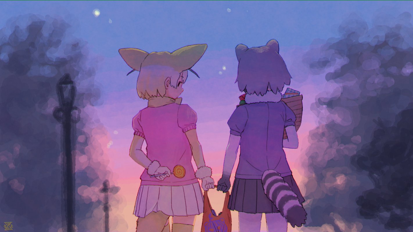 2girls animal_ears black_skirt blonde_hair blue_sweater bow bowtie candy commentary_request common_raccoon_(kemono_friends) cowboy_shot elbow_gloves evening extra_ears eyebrows_visible_through_hair fennec_(kemono_friends) food fox_ears fox_girl fox_tail from_behind fur_collar fur_trim gloves grey_gloves grey_hair grey_legwear imnim_leef kemono_friends multicolored_hair multiple_girls pantyhose pink_sweater pleated_skirt puffy_short_sleeves puffy_sleeves raccoon_ears raccoon_girl raccoon_tail short_hair short_sleeves skirt sweater tail thigh-highs two-tone_hair white_fur white_hair white_skirt yellow_gloves yellow_legwear yellow_neckwear zettai_ryouiki