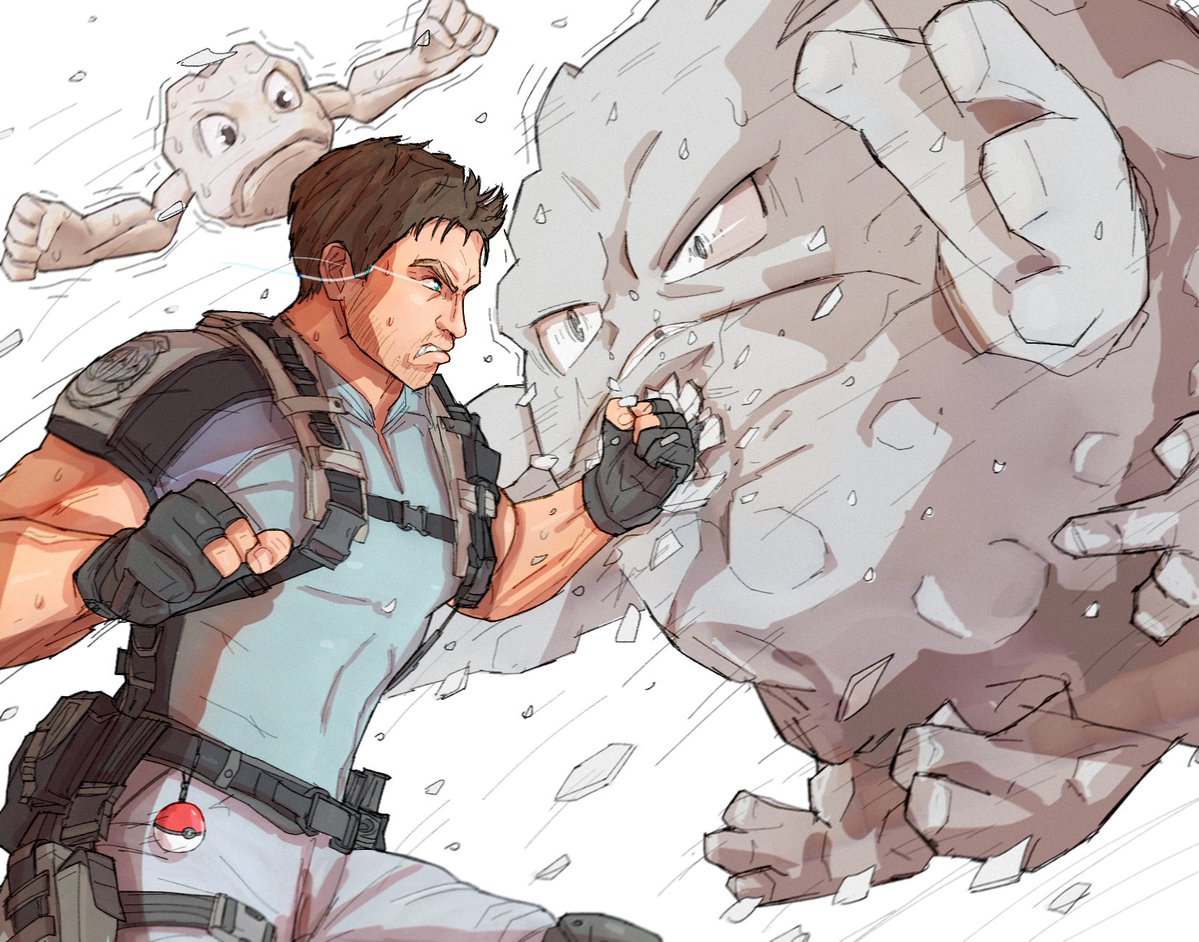 1boy belt brown_hair chris_redfield commentary crossover english_commentary eye_trail facial_hair geodude gloves graveler grey_pants logo male_focus motion_lines muscular muscular_male pants parted_lips partially_fingerless_gloves poke_ball poke_ball_(basic) pokemon pokemon_(creature) punching resident_evil rock shirt short_hair short_sleeves stormyorha thigh_strap