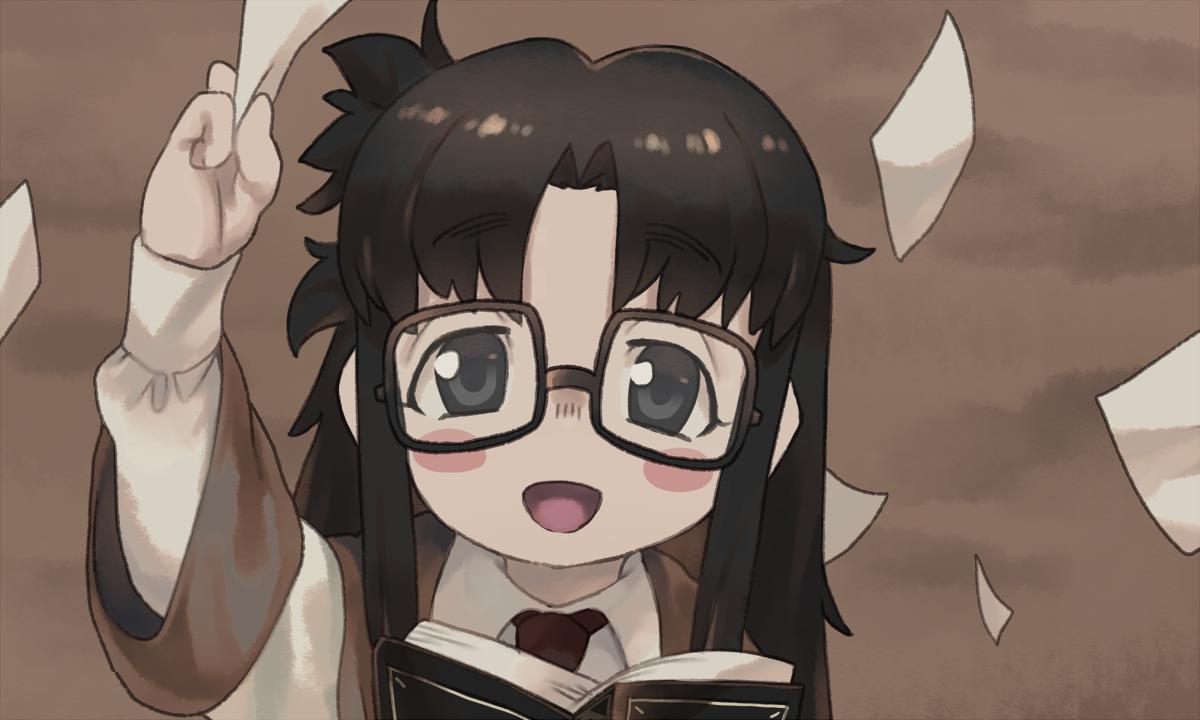 1girl age_regression black_hair blush blush_stickers book coat collagen glasses long_hair long_sleeves looking_at_viewer messy_hair necktie open_mouth paper read_or_die red_necktie smile solo yomiko_readman younger