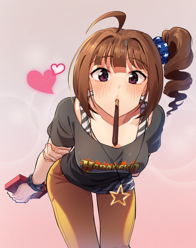 1girl ahoge arm_behind_back blue_scrunchie blue_shirt blush bracelet brown_hair closed_mouth commentary drill_hair eyebrows_visible_through_hair food foreshortening hair_ornament hair_scrunchie hand_on_own_arm heart holding idolmaster idolmaster_million_live! jewelry kamille_(vcx68) leaning_forward looking_at_viewer medium_hair necklace orange_pants pants pocky pocky_kiss print_scrunchie scrunchie shirt short_sleeves side_ponytail sidelocks solo standing star_(symbol) star_necklace star_print t-shirt tank_top violet_eyes white_shirt yokoyama_nao