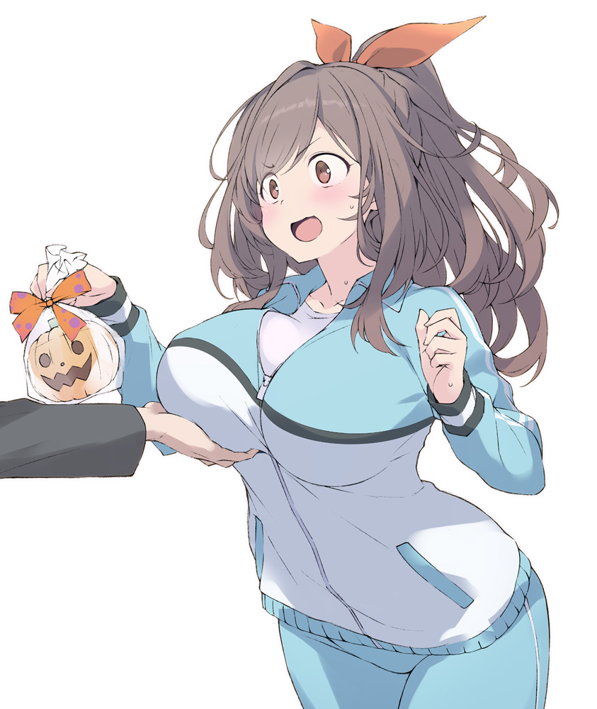 1girl 1other bag bangs blue_pants blush breast_grab breasts brown_eyes brown_hair candy collared_jacket commentary_request food grabbing groping hair_ribbon hands_up high_ponytail holding holding_bag idolmaster idolmaster_shiny_colors jack-o'-lantern jacket large_breasts long_hair long_sleeves multicolored_clothes multicolored_jacket open_mouth orange_ribbon out_of_frame pants partially_unzipped plastic_bag ribbon sakana_(flame_sakana) shirt simple_background solo_focus sweat track_jacket transparent tsukioka_kogane v-shaped_eyebrows white_background white_shirt