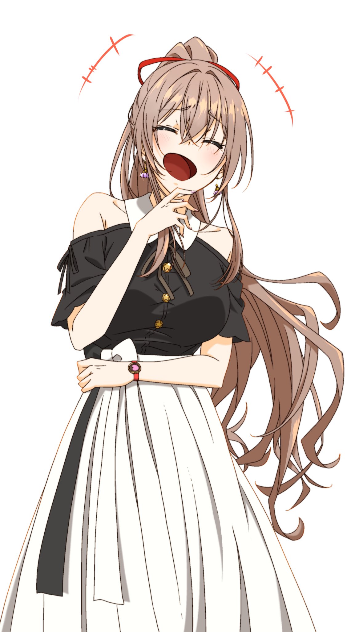 +++ 1girl :d ^_^ bare_shoulders black_shirt brown_hair buttons closed_eyes eyebrows_visible_through_hair furen_e_lustario hair_ribbon high_ponytail highres homura_minori laughing long_hair long_sleeves neck_ribbon nijisanji off-shoulder_shirt off_shoulder open_mouth red_ribbon ribbon shirt short_sleeves skirt smile solo very_long_hair virtual_youtuber watch watch white_skirt