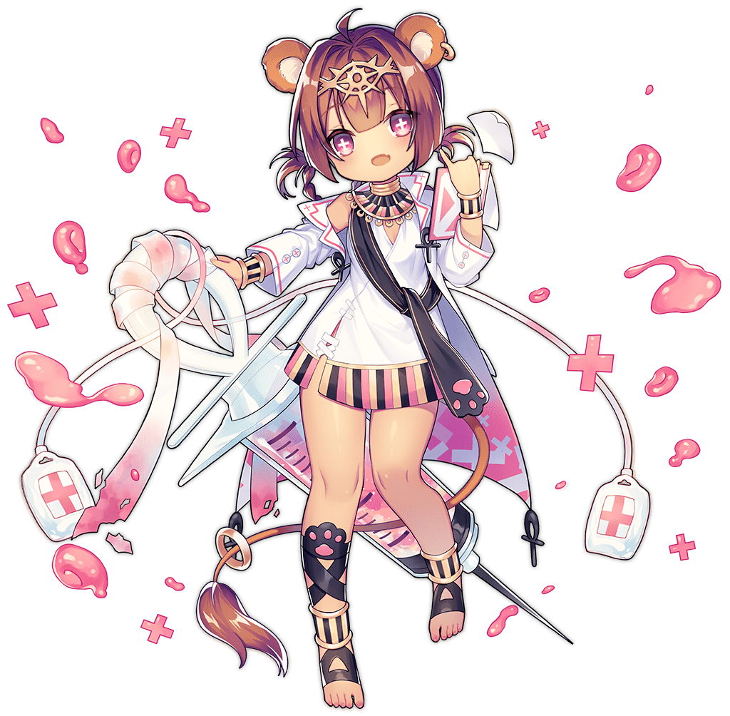 +_+ 1girl :d animal_ears ankh ao_jun ark_order bangs barefoot black_ribbon black_scarf blood blood_bag blush bracelet braid brown_hair coat dark-skinned_female dark_skin diadem dress egyptian_clothes fang full_body hair_rings intravenous_drip jewelry leg_ribbon lion_ears lion_tail long_sleeves necklace nurse official_art paw_print pink_eyes ribbon scarf sekhmet_(ark_order) short_hair short_twintails skin_fang smile solo syringe tachi-e tail transparent_background twintails white_coat white_dress wing_collar