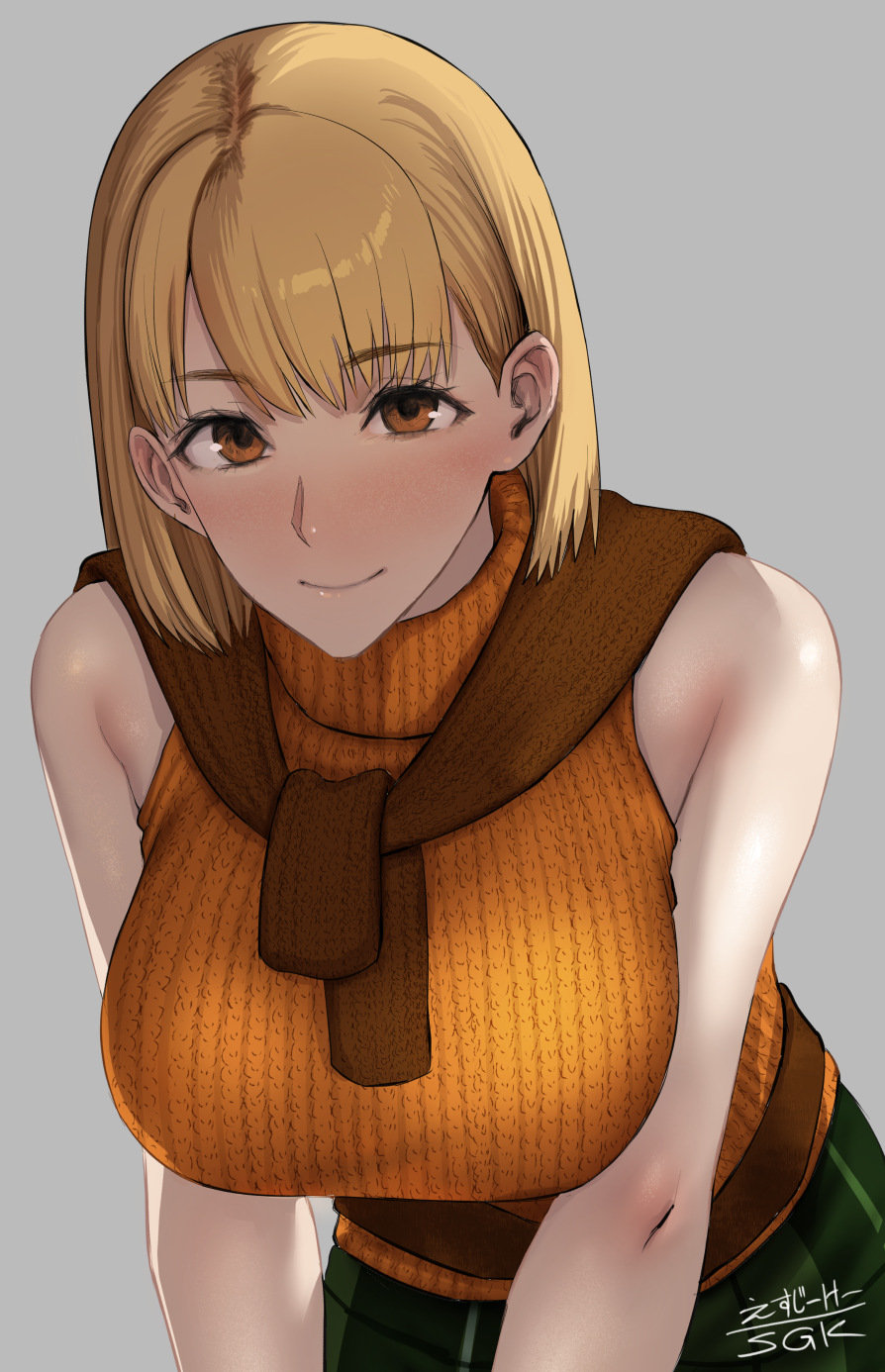 1girl ashley_graham blonde_hair bob_cut breasts brown_eyes green_skirt highres large_breasts looking_at_viewer orange_sweater plaid plaid_skirt resident_evil resident_evil_4 sgk skirt sleeveless sleeveless_sweater sleeveless_turtleneck smile solo sweater sweater_around_neck turtleneck turtleneck_sweater