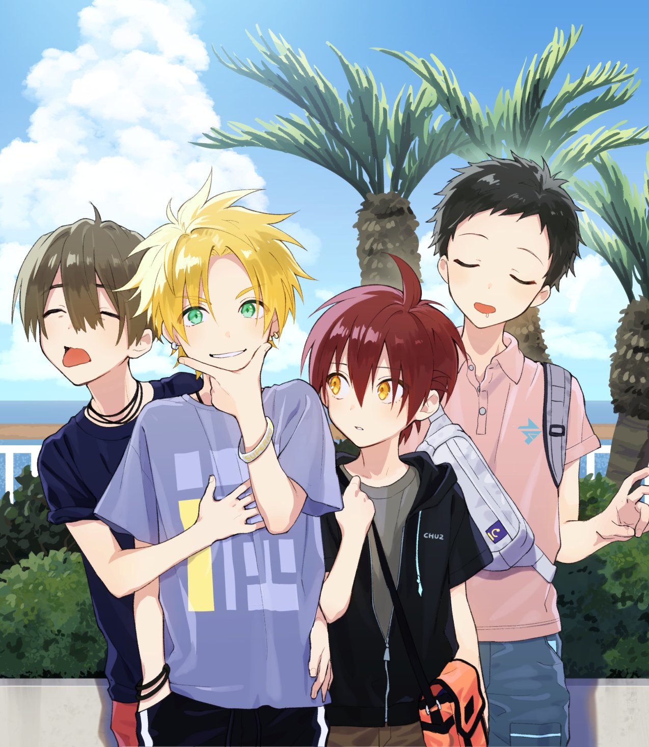 4boys ahoge bangs black_hair blonde_hair blue_shirt blush brown_hair bush chin_stroking closed_eyes clouds day ear_piercing green_eyes grin hair_between_eyes hand_in_pocket hand_on_own_chin highres jacket looking_at_viewer male_focus multiple_boys open_mouth original outdoors parted_lips piercing pillow_(nutsfool) pink_shirt purple_shirt redhead saliva shirt short_sleeves sky smile spiky_hair t-shirt tongue tongue_out yellow_eyes