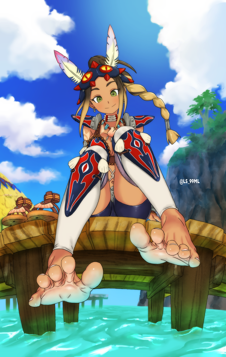 1girl barefoot blue_shorts blue_sky boardwalk brown_footwear clouds cloudy_sky dark_skin day feathers green_eyes kayna_(monster_hunter) looking_at_viewer monster_hunter_(series) outdoors ponytail sandals sandals_removed shorts sitting sky smile soles solo tan toes tsukimaru_(ls_99ml) twitter_username water white_legwear