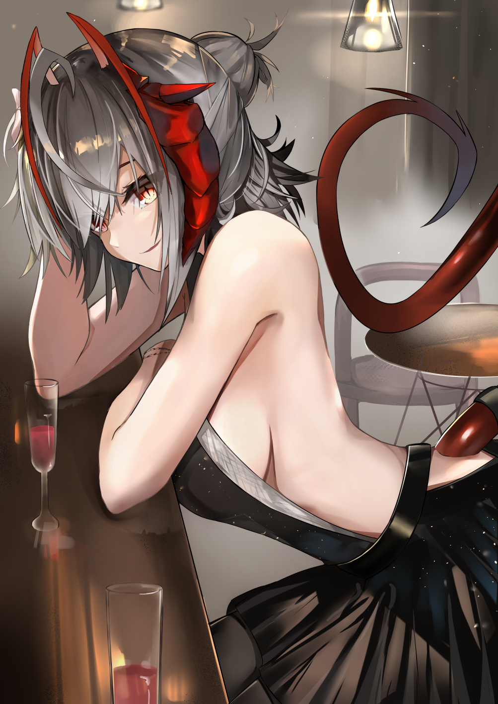 1girl akasabi alternate_costume antenna_hair arknights arm_support backless_dress backless_outfit bare_arms bare_shoulders black_dress breasts ceiling_light counter cup demon_girl demon_horns demon_tail dress drinking_glass from_side grey_hair hair_bun hand_in_hair highres horns indoors large_breasts leaning_forward looking_at_viewer looking_to_the_side multicolored_hair parted_lips red_eyes redhead short_hair sideboob smile solo table tail two-tone_hair w_(arknights)
