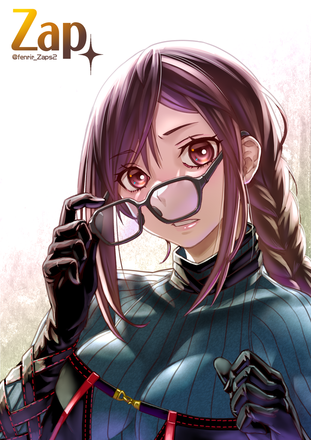 1girl artist_name black-framed_eyewear black_gloves blue_dress braid braided_ponytail breasts brown_eyes brown_hair commentary dress eyebrows_visible_through_hair fate/grand_order fate_(series) glasses gloves holding holding_eyewear large_breasts lips long_hair long_sleeves looking_at_viewer mixed-language_commentary parted_lips pink_lips pinstripe_pattern ponytail removing_eyewear sidelocks solo striped striped_dress teeth turtleneck turtleneck_dress twitter_username upper_body yu_mei-ren_(fate) zap