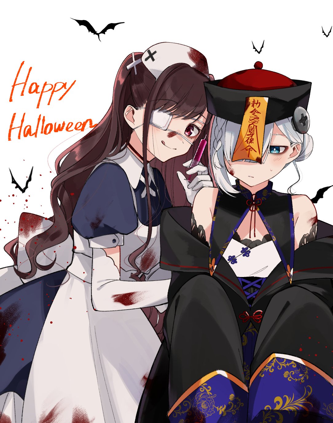 2girls alternate_costume apron asaka_kaori bare_shoulders blood blood_on_clothes blood_on_face blue_dress braid brown_hair choker commentary_request dress elbow_gloves eyepatch gloves green_eyes hair_bun hair_over_one_eye halloween happy_halloween hat highres holding holding_syringe hoshikawa_shizuku jiangshi_costume kimi_to_tsuzuru_utakata long_hair looking_at_viewer mole mole_under_eye multiple_girls nurse_cap off_shoulder ofuda puffy_short_sleeves puffy_sleeves qing_guanmao red_eyes screw_in_head short_sleeves silver_hair simple_background sleeves_past_wrists smile sweatdrop swimsuit syringe tongue tongue_out white_background white_gloves yuama_(drop)