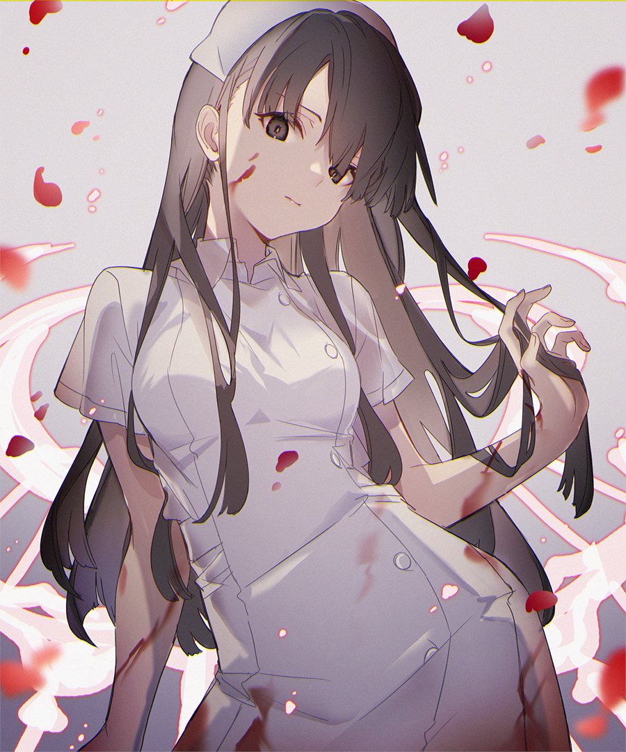 1girl black_eyes black_hair blood blood_on_clothes blood_on_face blood_splatter closed_mouth hand_in_hair hat kina_(446964) long_hair nurse nurse_cap petals reality_arc_(sinoalice) rose_petals serious sidelocks simple_background sinoalice snow_white_(sinoalice) solo solo_focus