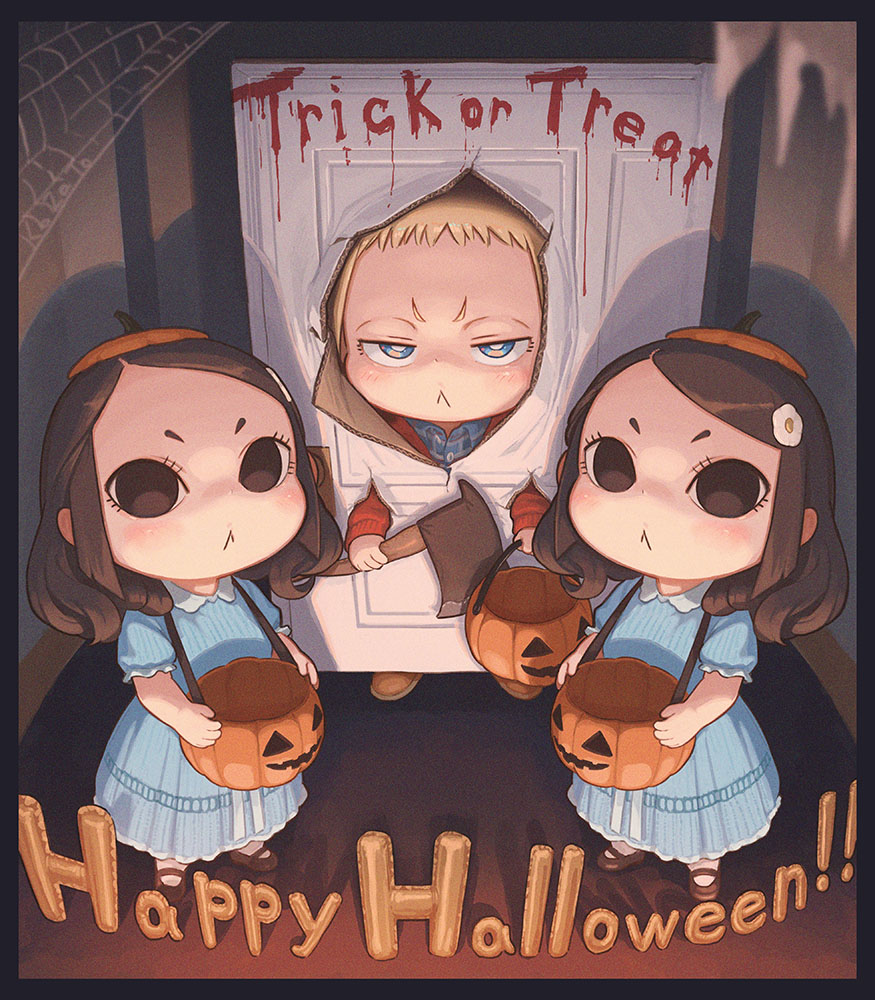 3girls :&lt; axe black_border black_eyes blue_dress border brown_footwear cardboard child commentary_request cosplay dress fire_axe flower grady_sisters_(the_shining) grady_sisters_(the_shining)_(cosplay) hair_flower hair_ornament halloween halloween_bucket halloween_costume here's_johnny! kozato_(yu_kozato) little_blonde_girl_(kozato) long_sleeves looking_at_viewer medium_hair multiple_girls original pony short_sleeves siblings silk spider_web the_shining trick_or_treat twins wing_collar