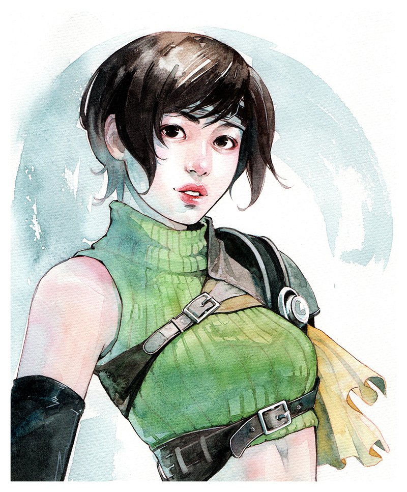 1girl black_eyes brown_hair crop_top cropped_sweater detached_sleeves female final_fantasy final_fantasy_vii final_fantasy_vii_remake green_sweater headband lips looking_at_viewer midriff painting_(medium) parted_lips rainer0w0 short_hair shoulder_guard sleeveless sleeveless_turtleneck sweater traditional_media turtleneck upper_body watercolor_(medium) yuffie_kisaragi