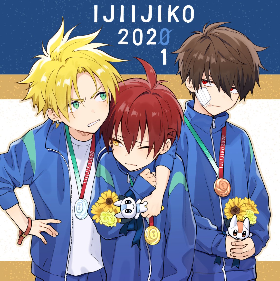 2020_summer_olympics 3boys ahoge bandage_on_face bandages bangs blonde_hair blue_jacket brown_hair closed_mouth ear_piercing flower green_eyes hair_between_eyes hand_on_hip holding jacket long_sleeves male_focus medal multiple_boys olympics one_eye_closed open_clothes open_jacket original pants piercing pillow_(nutsfool) red_eyes redhead shirt spiky_hair upper_body white_shirt yellow_eyes yellow_flower