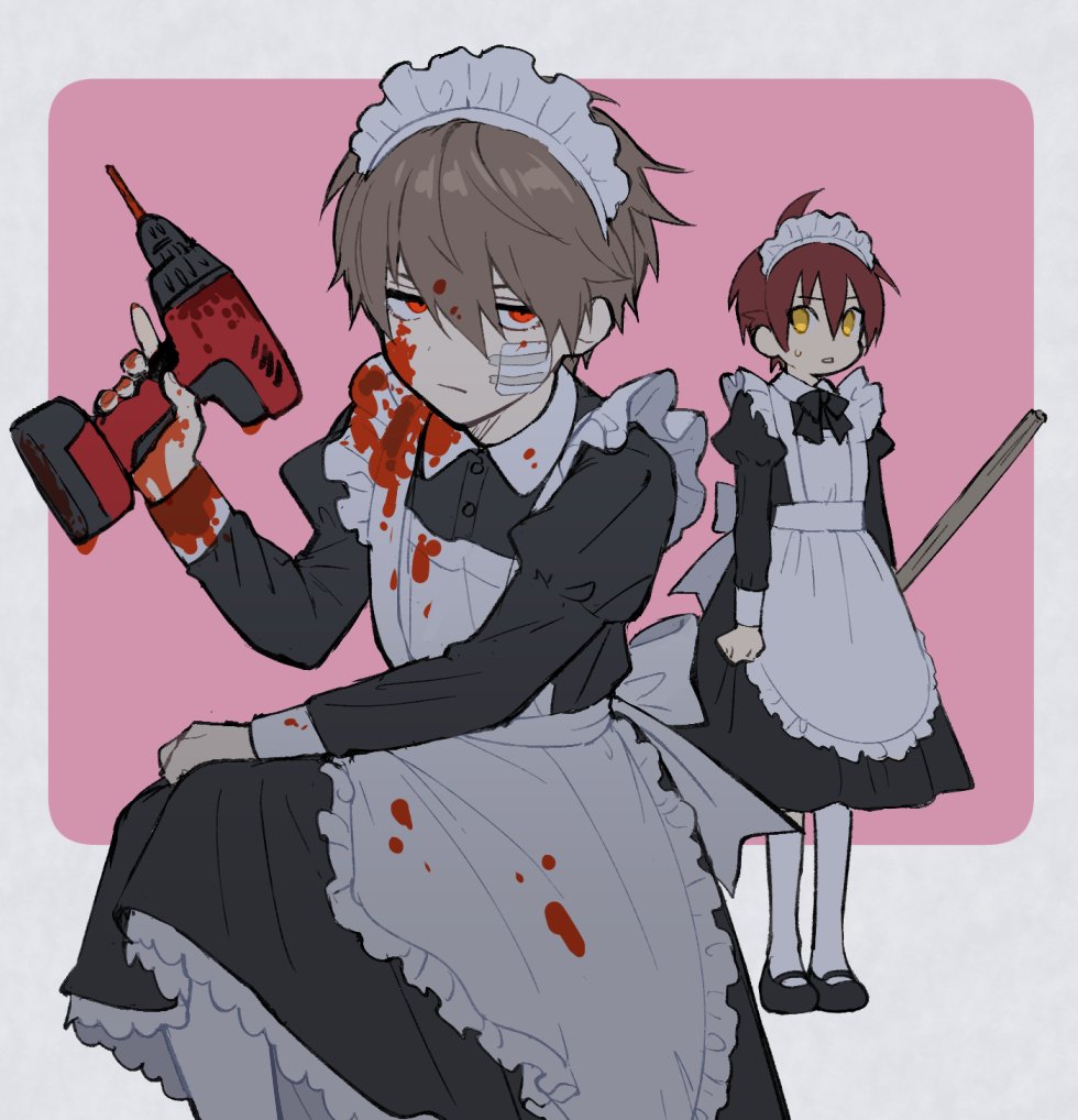 2boys ahoge alternate_costume apron bandage_on_face bandages bangs black_dress black_footwear blood blood_on_clothes blood_on_face blood_on_hands brown_hair closed_mouth crossdressing dress drill ear_piercing enmaided hair_between_eyes holding long_sleeves looking_at_viewer maid maid_headdress male_focus multiple_boys original parted_lips piercing pillow_(nutsfool) red_eyes redhead simple_background sweat two-tone_background white_apron white_legwear yellow_eyes