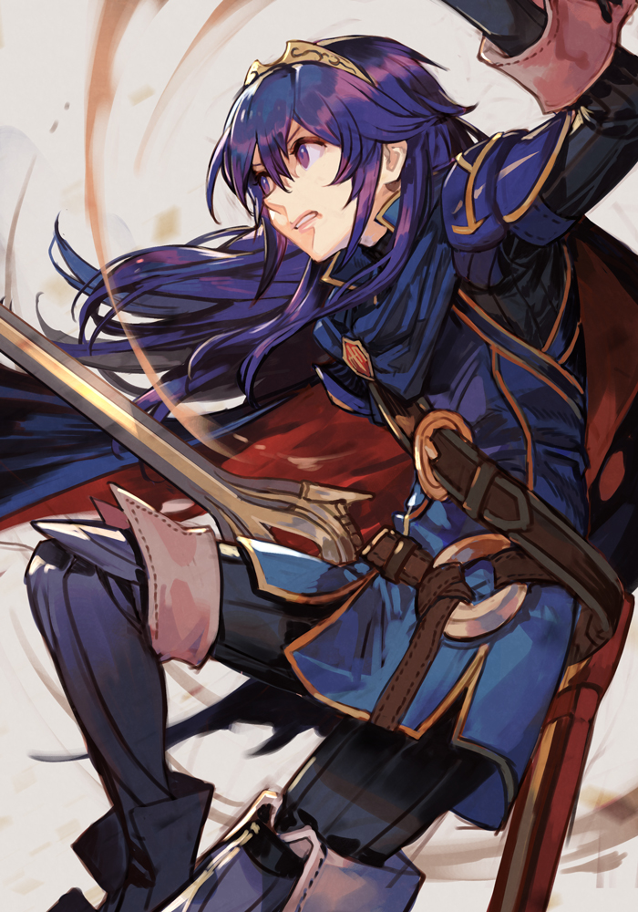1girl bangs belt black_sweater blue_cape blue_eyes blue_hair brown_belt cape falchion_(fire_emblem) fire_emblem fire_emblem_awakening floating_hair food hair_between_eyes hankuri holding holding_food holding_weapon long_hair long_sleeves looking_away lucina_(fire_emblem) red_cape ribbed_sweater sheath solo sweater sword teeth tiara torn_cape torn_clothes two-tone_cape weapon