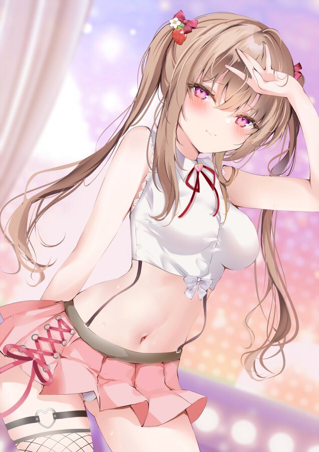 1girl arm_up bare_arms bare_shoulders bow breasts brown_hair buttons cowboy_shot crop_top embarrassed fishnet_legwear fishnets front-tie_top frown hair_bow lace_trim long_hair looking_at_viewer medium_breasts melonbooks midriff miniskirt navel neck_ribbon original panties panty_peek pink_eyes pink_skirt pleated_skirt pon_(ponidrop) revealing_clothes ribbon shirt single_thighhigh skirt sleeveless sleeveless_shirt solo standing stomach suspenders thigh-highs thigh_strap thighs twintails underwear white_panties white_shirt
