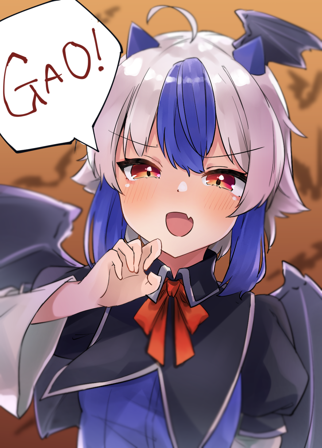 1girl :d ahoge alternate_wings arm_support bangs bat_wings blue_hair blue_shirt blurry blush book breasts brown_background claw_pose commentary_request depth_of_field dutch_angle eyebrows_visible_through_hair face fang gao gradient gradient_background gunsou1350 hair_between_eyes hand_up highres holding holding_clothes holding_skirt horns juliet_sleeves long_sleeves looking_at_viewer medium_hair multicolored_hair puffy_sleeves red_eyes red_ribbon ribbon shirt silver_hair simple_background single_wing skin_fang skirt small_breasts smile solo speech_bubble tokiko_(touhou) touhou two-tone_hair upper_body v-shaped_eyebrows wide_sleeves wings