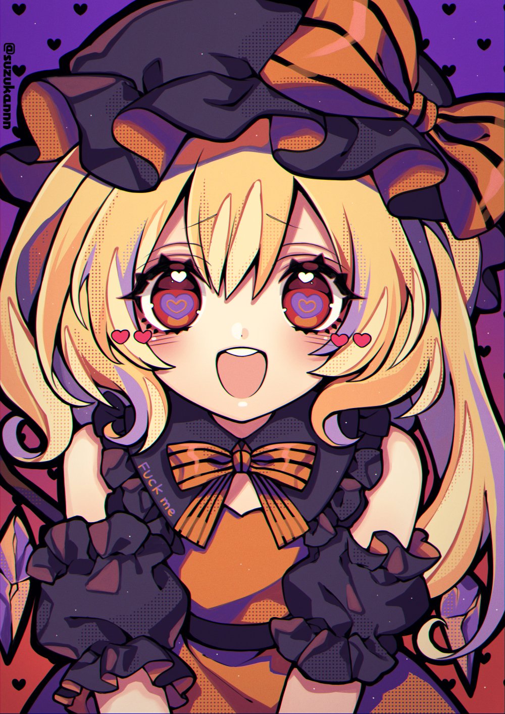 1girl alternate_color alternate_costume bangs belt black_belt black_headwear blonde_hair blush bow crystal dress english_commentary english_text eyebrows_visible_through_hair flandre_scarlet frilled_dress frills gradient gradient_background halloween halloween_costume hat heart heart-shaped_pupils highres kyouda_suzuka looking_at_viewer mob_cap off_shoulder open_mouth orange_bow orange_dress puffy_short_sleeves puffy_sleeves red_eyes short_sleeves side_ponytail solo standing striped striped_bow symbol-shaped_pupils teeth touhou twitter_username upper_body upper_teeth when_you_see_it wings