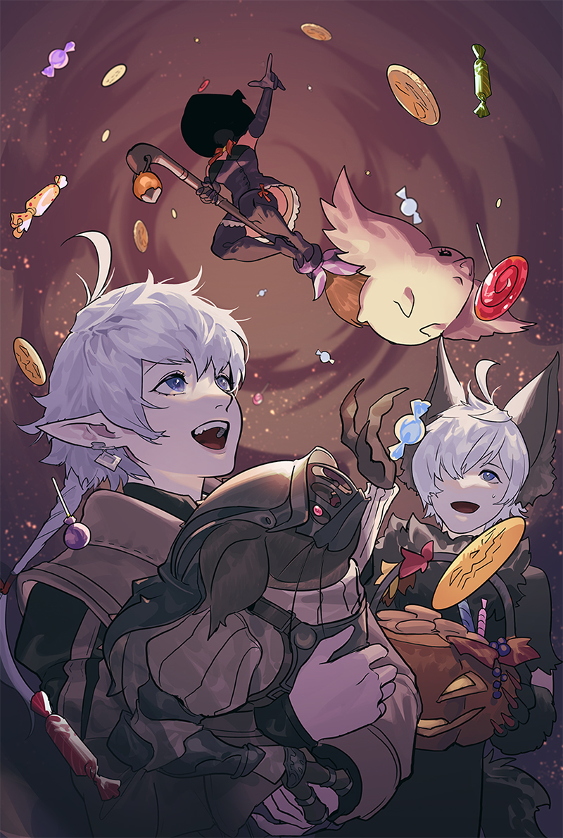 1boy 2girls ahoge alisaie_leveilleur alphinaud_leveilleur animal_costume animal_ears bangs basket black_dress black_legwear blue_eyes broom broom_riding brown_background brown_coat byuub candy coat creature dress earclip elezen elf faceless faceless_female final_fantasy final_fantasy_xiv food ga_bu halloween halloween_bucket hand_up hat helmet holding holding_basket holding_creature kobold lollipop long_hair looking_up multiple_girls open_mouth pointy_ears ponytail siblings thigh-highs twins white_hair witch witch_hat wolf_costume wolf_ears