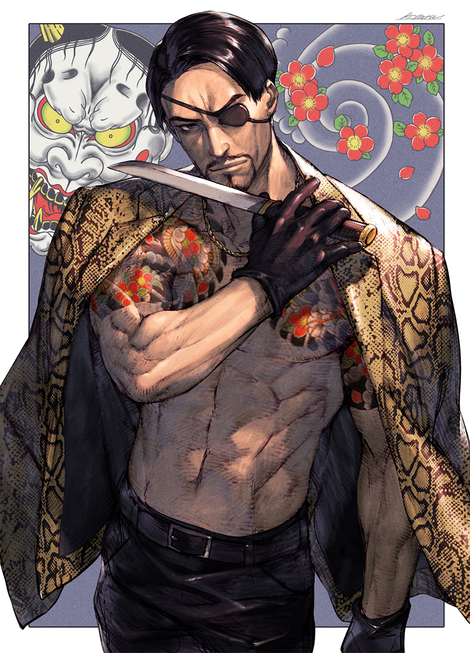 1boy animal_print belt black_belt black_gloves black_hair black_pants eyepatch facial_hair flower_tattoo gloves goatee highres holding holding_knife jacket jacket_on_shoulders knife kotatsu_(g-rough) leopard_print looking_at_viewer majima_gorou male_focus mask muscular muscular_male navel one_eye_covered oni_mask pants ryuu_ga_gotoku ryuu_ga_gotoku_1 short_sword smile solo sword tantou tattoo weapon