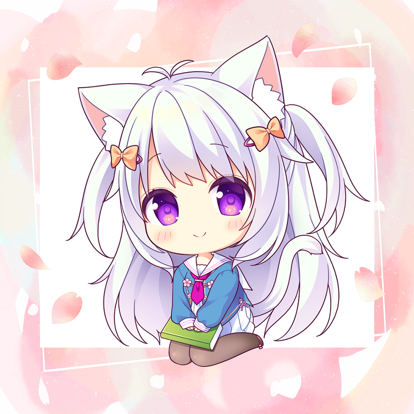 1girl animal_ear_fluff animal_ears antenna_hair bangs blue_shirt blush book bow brown_bow brown_legwear cat_ears cat_girl cat_tail chibi closed_mouth commentary_request copyright_request dress eyebrows_visible_through_hair full_body hair_bow hair_ornament hairclip long_hair long_sleeves looking_at_viewer pantyhose petals pleated_dress puffy_long_sleeves puffy_sleeves purple_neckwear ryuuka_sane sailor_collar shirt sitting sleeves_past_wrists smile solo tail two_side_up very_long_hair violet_eyes wariza white_dress white_hair white_sailor_collar