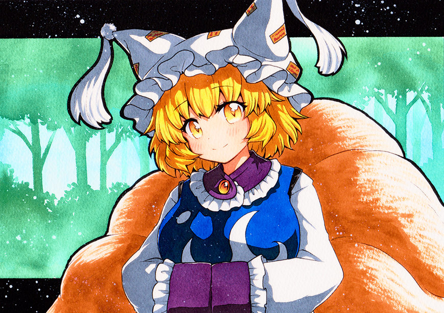 1girl blonde_hair blue_tabard breasts brooch closed_mouth eyebrows_visible_through_hair forest fox_tail green_background hands_in_opposite_sleeves hat jewelry long_sleeves looking_at_viewer medium_breasts multiple_tails nature outdoors pillow_hat qqqrinkappp short_hair smile solo tail tassel touhou traditional_media tree upper_body white_headwear yakumo_ran yellow_eyes