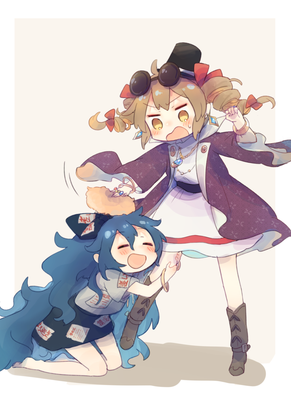 2girls =_= ^_^ ^o^ angry annoyed arm_up arms_up ashiyu_(ashu-ashu) bangle bangs barefoot beige_background belt black_belt black_headwear black_skirt blue_bow blue_hair blush boots border bow bracelet brown_eyes brown_footwear buckle clenched_hand closed_eyes coat d: dark_blue_hair debt dot_nose drawstring dress drill_hair earrings eyebrows_visible_through_hair eyewear_on_head facing_viewer floating_hair from_side full_body furrowed_brow hair_between_eyes hair_bow hair_ribbon hand_up happy hat high_collar highres hitting holding jewelry knee_boots kneeling leg_grab leg_up legs_apart light_brown_eyes light_brown_hair long_hair long_sleeves looking_at_another looking_down mini_hat mini_top_hat miniskirt motion_lines multiple_girls necklace no_nose no_pupils open_clothes open_coat open_mouth outside_border outstretched_arm pendant popped_collar print_coat purple_coat red_ribbon ribbon ring round_eyewear shadow shippou_(pattern) short_sleeves siblings simple_background sisters skirt standing stud_earrings sunglasses sweat top_hat touhou twin_drills twintails v-shaped_eyebrows very_long_hair wavy_hair white_border white_dress wide_sleeves yellow_eyes yorigami_jo'on yorigami_shion