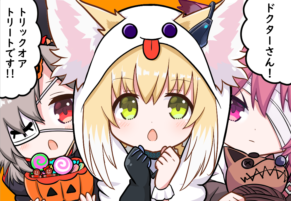 3girls animal_ears arknights bandage_over_one_eye blonde_hair clenched_hands collar commentary_request costume doll earpiece eyepatch fox_ears ghost_costume gloves green_eyes grey_hair halloween hat jack-o'-lantern kitara_koichi long_hair medium_hair multiple_girls open_mouth pink_eyes pink_hair popukar_(arknights) red_eyes shamare_(arknights) single_glove suzuran_(arknights) tongue tongue_out translation_request trick_or_treat upper_body
