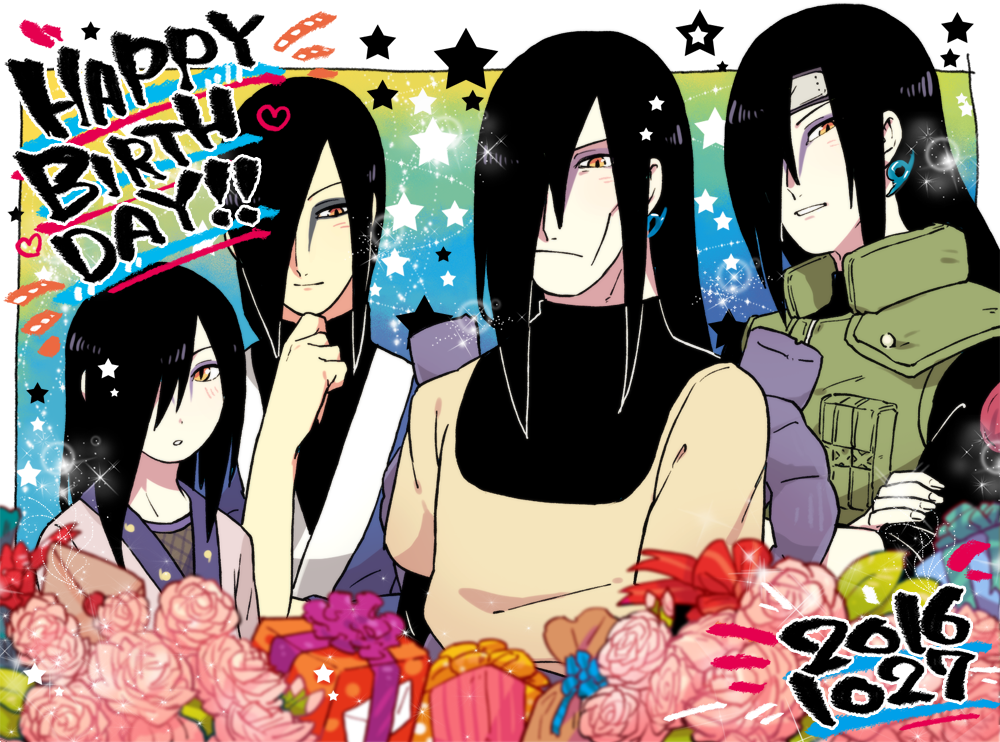 4boys :o bangs black_hair border boruto:_naruto_next_generations child closed_mouth earrings facepaint flower forehead_protector gift grin happy_birthday japanese_clothes jewelry kimono long_hair long_sleeves multiple_boys multiple_persona naruto naruto_(series) naruto_shippuuden ninja older open_mouth orochimaru_(naruto) pale_skin pink_flower pink_rose rose smile teeth time_paradox vest yazakc yellow_eyes younger