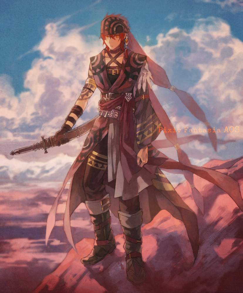 1boy bandana belt black_gloves boots clouds copyright_name day earrings gloves hise jewelry kide_lasuc male_focus outdoors pixiv_fantasia pixiv_fantasia_age_of_starlight redhead sheath sheathed single_glove solo standing sword tassel tattoo weapon wide_sleeves