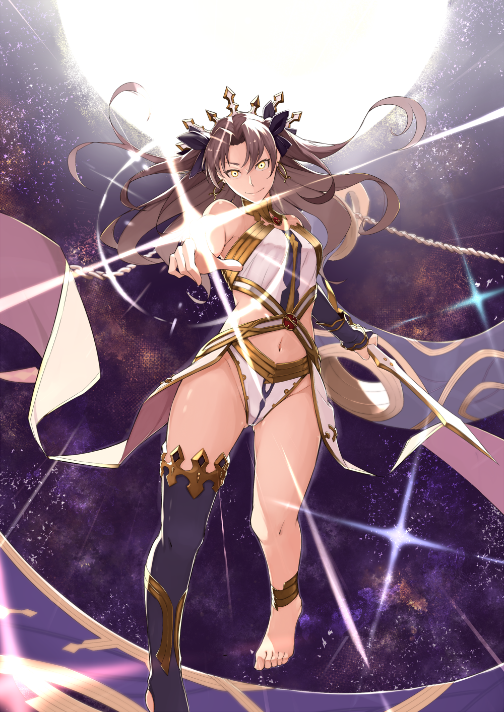 1girl armlet asymmetrical_legwear asymmetrical_sleeves bangs barefoot bikini brown_hair closed_mouth detached_sleeves earrings fate/grand_order fate_(series) foreshortening full_body heavenly_boat_maanna highres hoop_earrings ishtar_(fate) jewelry long_hair looking_at_viewer mismatched_bikini nagihana navel neck_ring parted_bangs pointing pointing_at_viewer single_detached_sleeve single_thighhigh smile solo swimsuit thigh-highs tiara two_side_up uneven_legwear uneven_sleeves yellow_eyes